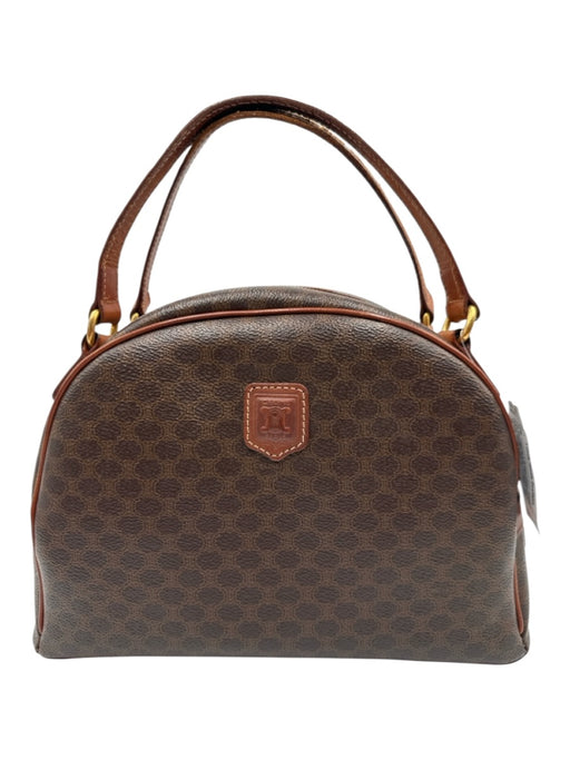 Celine Cognac & Brown Coated Canvas Top Handles Brass Hardware Zip Top Bag Cognac & Brown / S