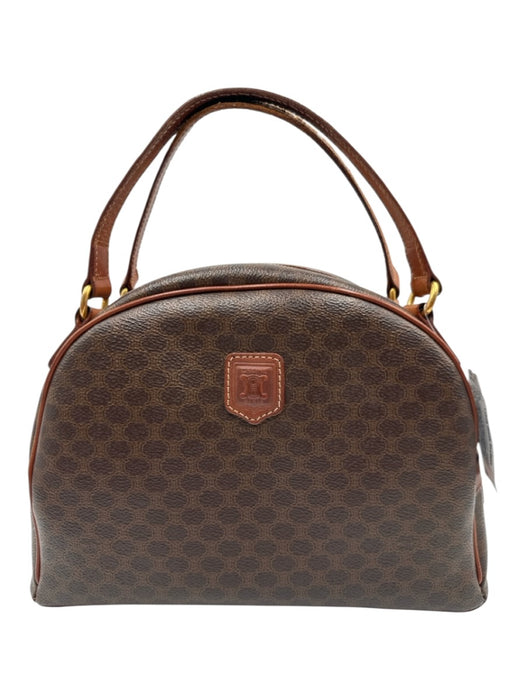 Celine Cognac & Brown Coated Canvas Top Handles Brass Hardware Zip Top Bag Cognac & Brown / S