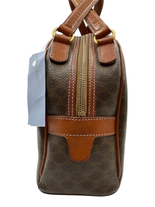 Celine Cognac & Brown Coated Canvas Top Handles Brass Hardware Zip Top Bag Cognac & Brown / S