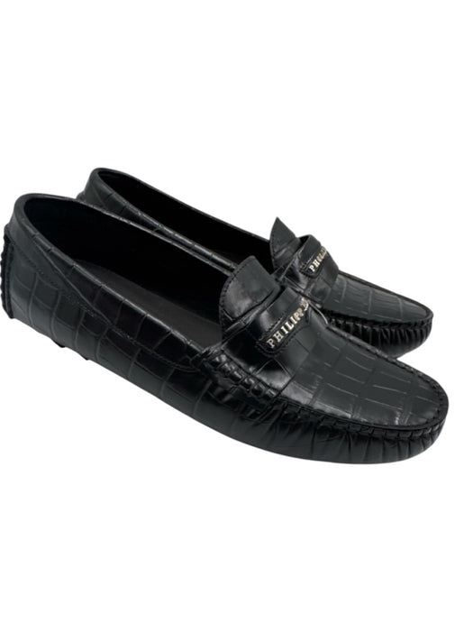 Philipp Plein Shoe Size 40 Black Leather Upper Croc Embossed Logo Detail Loafers Black / 40