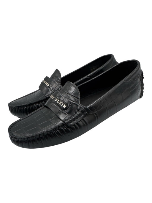 Philipp Plein Shoe Size 40 Black Leather Upper Croc Embossed Logo Detail Loafers Black / 40
