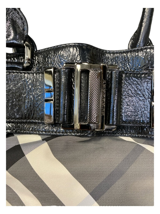 Burberry Black, White & Gray Leather & Nylon Top Handle Open Top plaid Bag Black, White & Gray / S