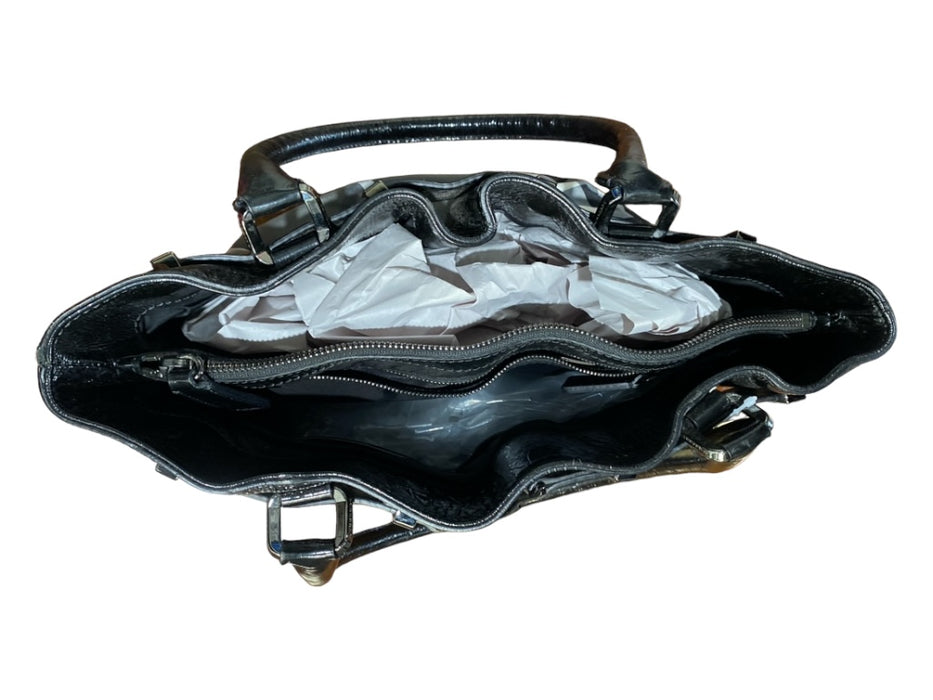 Burberry Black, White & Gray Leather & Nylon Top Handle Open Top plaid Bag Black, White & Gray / S