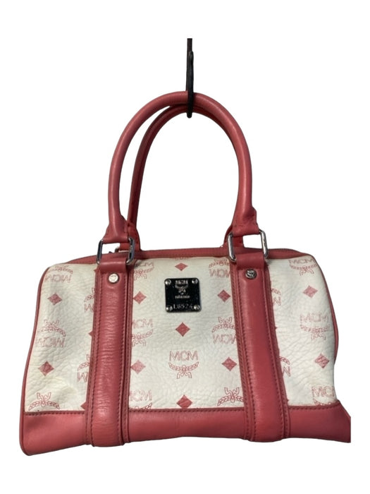MCM White & Pink Leather Monogram Silver Hardware Top Handle Bag White & Pink / Small