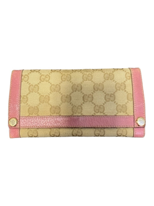 Gucci Pink & Beige Canvas Leather trim Flap Snap Wallets Pink & Beige