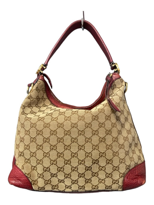 Gucci Tan & Red Canvas Leather Accent Logo one handle Zip Close Bag Tan & Red / M