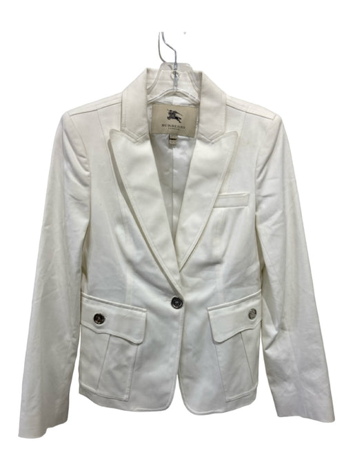 Burberry London Size 6 White Cotton One Button Shoulder Pads Flap Pockets Jacket White / 6