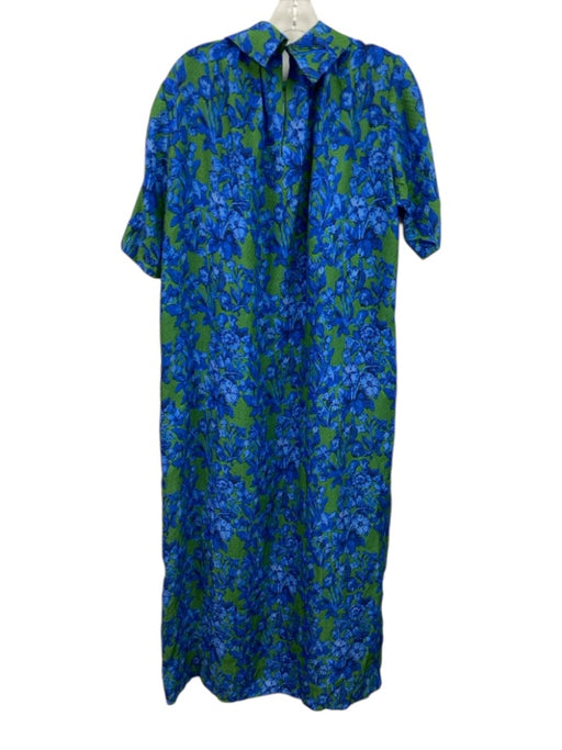 Ann Mashburn Size M Blue & Green Silk Blend Botanical Print Ribbed Dress Blue & Green / M
