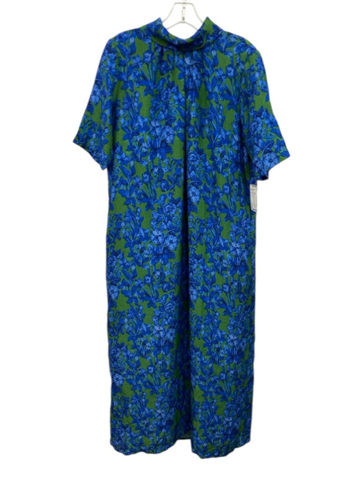 Ann Mashburn Size M Blue & Green Silk Blend Botanical Print Ribbed Dress Blue & Green / M