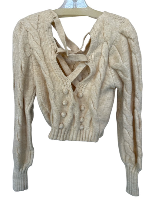 Minkpink Size S Cream Long Sleeve Cable Knit Pom Pom Cropped Sweater Cream / S