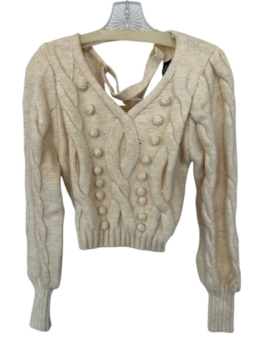Minkpink Size S Cream Long Sleeve Cable Knit Pom Pom Cropped Sweater Cream / S