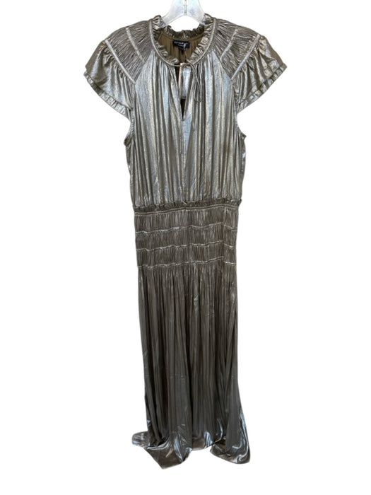 Current Air Size XS Green & Silver Polyester Flutter Sleeves Metallic Maxi Dress Green & Silver / XS