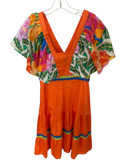 Alden Adair Size S Orange & Green Cotton Cap Sleeve Tropical V Neck Midi Dress Orange & Green / S
