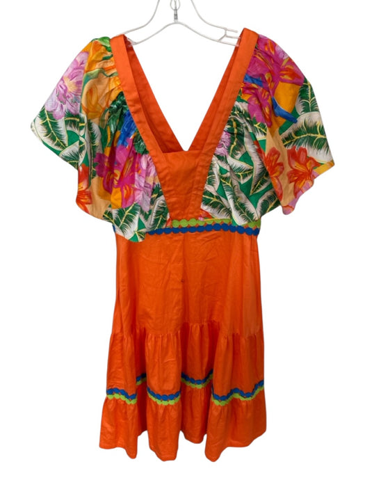 Alden Adair Size S Orange & Green Cotton Cap Sleeve Tropical V Neck Midi Dress Orange & Green / S