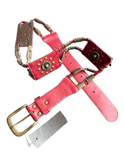 Deepeeka Red Leather Metal Detail Gold Hardware Aztec Print sole detail Belts Red / L
