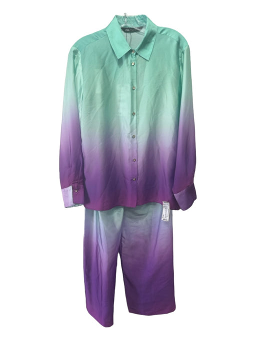 Zara Size S/XS Green & Purple Polyester Ombre Wide Leg Draped Pant Set Green & Purple / S/XS