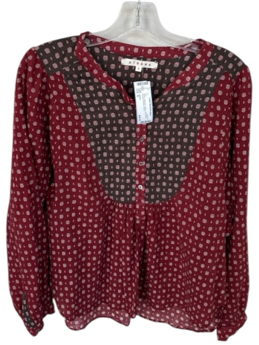 XiRENA Size S Brown & Maroon Cotton Long Sleeve Squares Buttons Top Brown & Maroon / S