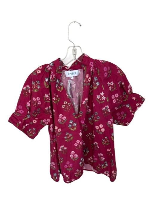 Livro Size M Maroon & Green Print Cotton Short Sleeve Botanical V Neck Top Maroon & Green Print / M