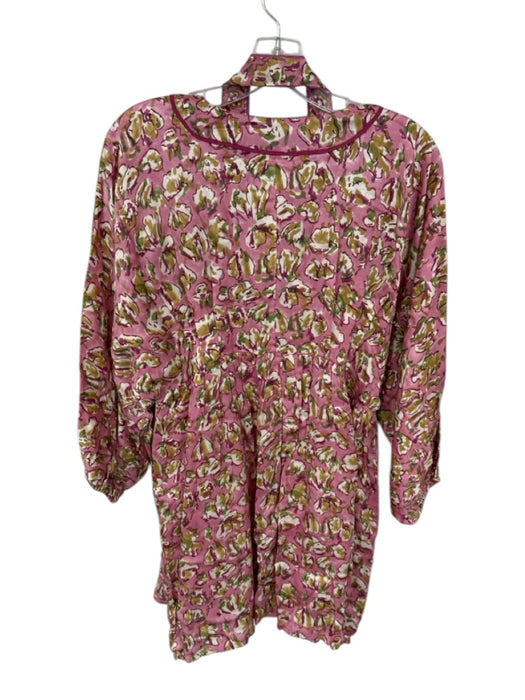 Clara The Label Size XS Pink & Tan Long Balloon Sleeve Botanical Buttons Dress Pink & Tan / XS