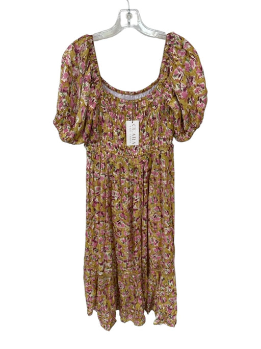 Clara The Label Size XS Tan & Pink Short Balloon Sleeve Flowers Dress Tan & Pink / XS