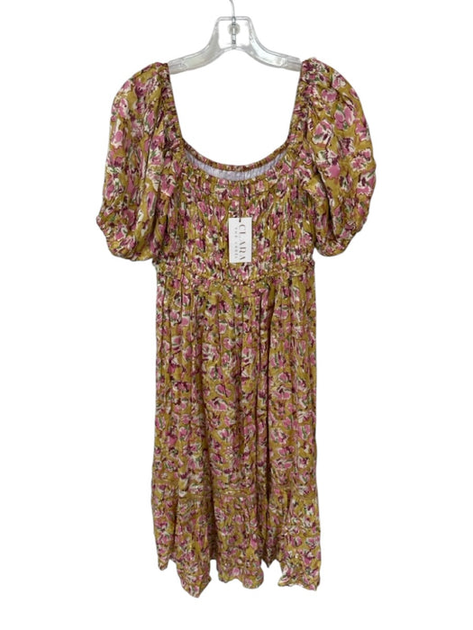 Clara The Label Size XS Tan & Pink Short Balloon Sleeve Flowers Dress Tan & Pink / XS
