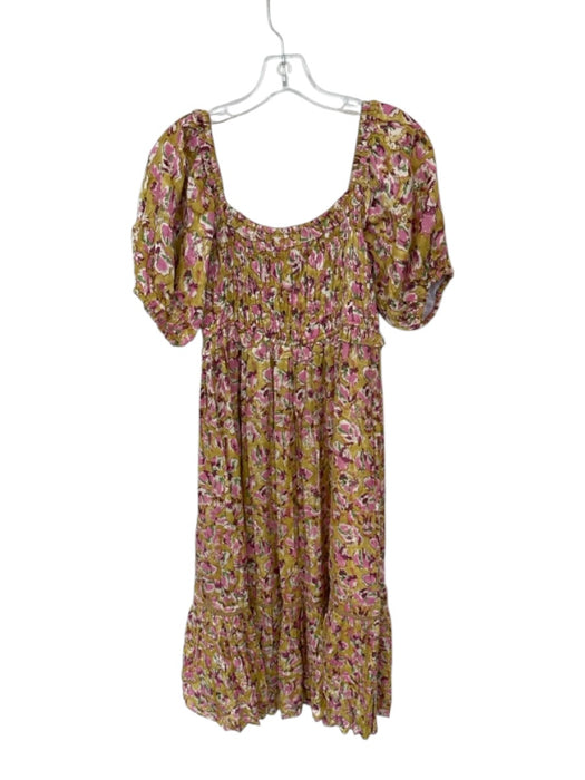 Clara The Label Size XS Tan & Pink Short Balloon Sleeve Flowers Dress Tan & Pink / XS