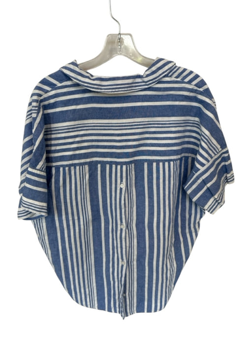 Madewell Size M Blue & White Linen Short Sleeve Collar Striped Split neck Top Blue & White / M