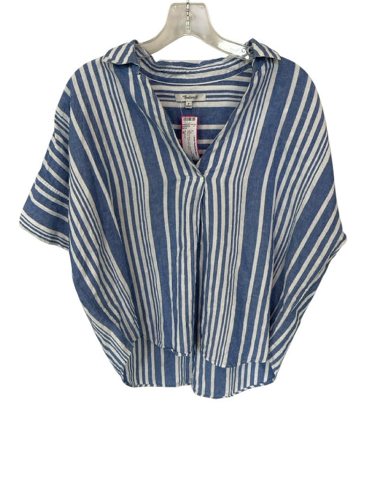 Madewell Size M Blue & White Linen Short Sleeve Collar Striped Split neck Top Blue & White / M