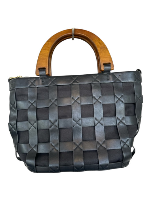 By Anthropologie Black & Brown Vegan Leather Grid Wood Handle Cross Body Purse Black & Brown / Medium