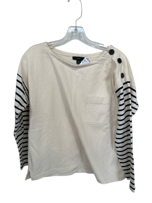 J Crew Size M Cream & Navy Cotton Stripe SLeeve Breast Pocket Long Sleeve Top Cream & Navy / M
