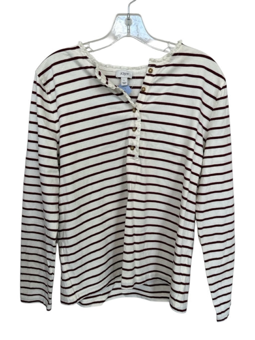 J Crew Size L White & Maroon Cotton Striped Half Button Long Sleeve Top White & Maroon / L