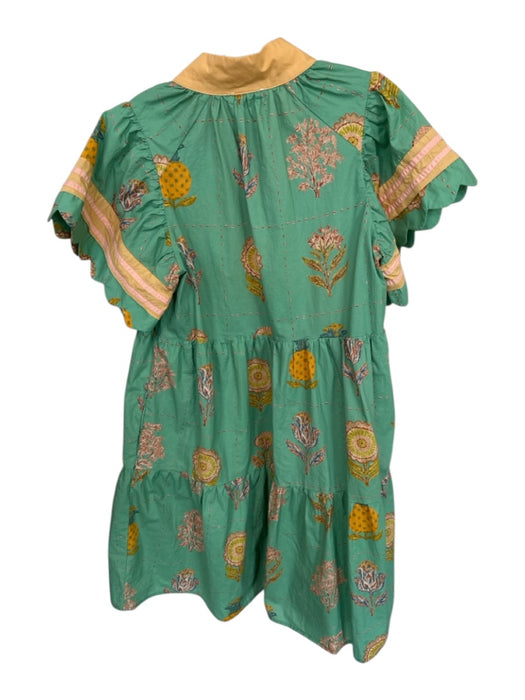 Umgee Size S Green & Yellow Cotton Botanical V Neck Short Cap Sleeve Mini Dress Green & Yellow / S