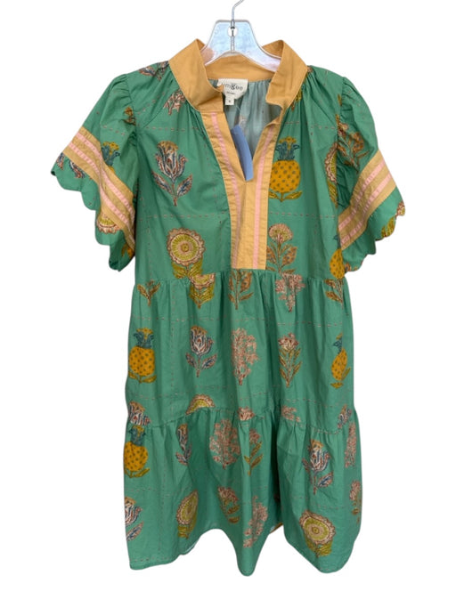 Umgee Size S Green & Yellow Cotton Botanical V Neck Short Cap Sleeve Mini Dress Green & Yellow / S