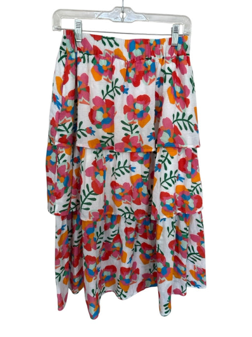 Crosby Size M White & Multi Cotton Flowers Slit Elastic Waist Midi Skirt White & Multi / M