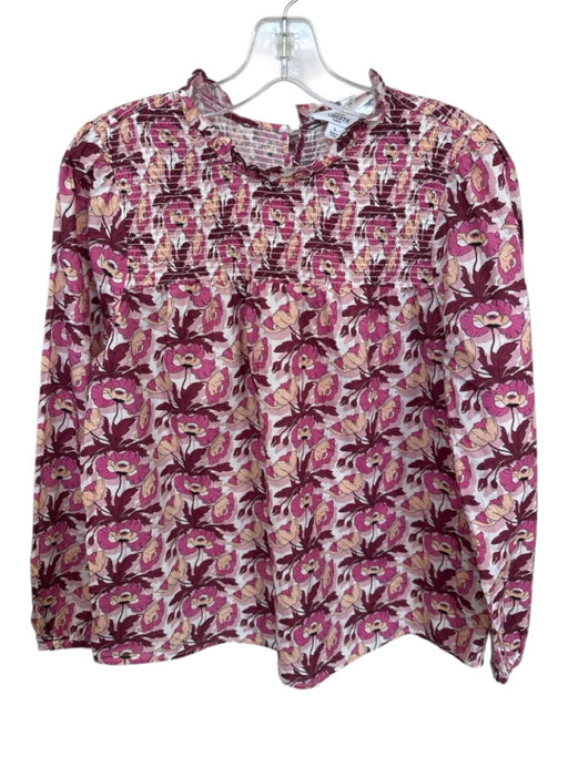 J Crew Size L Pink & Multi Rouched Floral Long Balloon Sleeve Ruffle Collar Top Pink & Multi / L