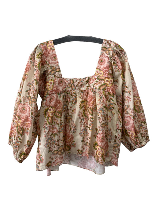 Loeffler Randall Size L Beige, Pink, Green Cotton Floral Long Balloon Sleeve Top Beige, Pink, Green / L