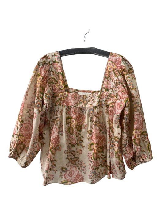 Loeffler Randall Size L Beige, Pink, Green Cotton Floral Long Balloon Sleeve Top Beige, Pink, Green / L