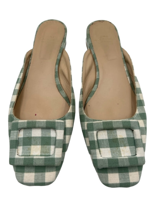 Ann Mashburn Shoe Size 38 Green & White Fabric Gingham Buckle Square Toe Flats Green & White / 38