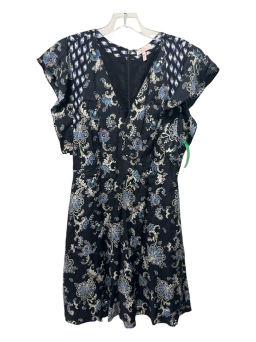 Rebecca Taylor Size 2 Black Print Silk & Viscose V Neck Cap Sleeve Dress Black Print / 2