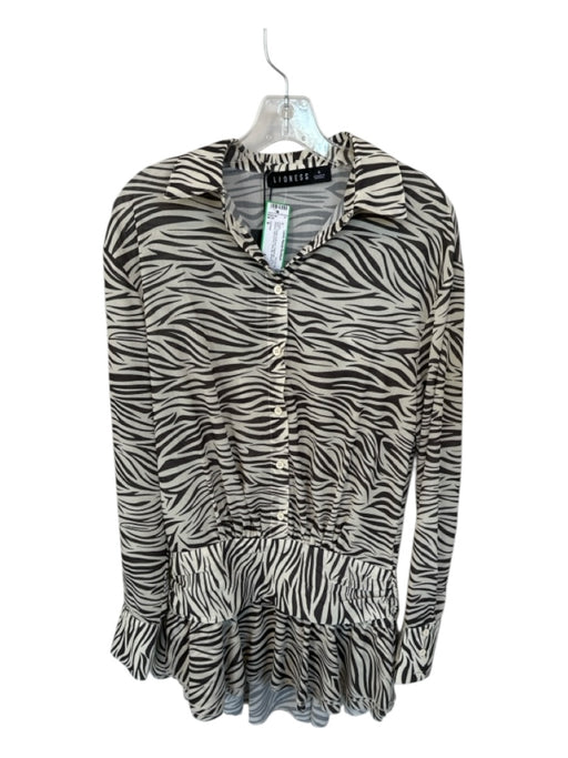 Lioness Size S Cream & Brown Polyester Long Sleeve Zebra Print Side Zip Dress Cream & Brown / S
