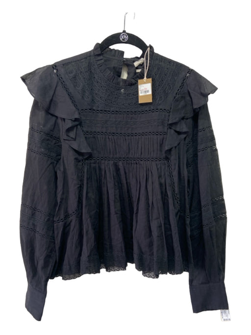 Isabel Marant Etoile Size 38 Black Cotton Ruffle Neck Long Sleeve Ruffle Top Black / 38
