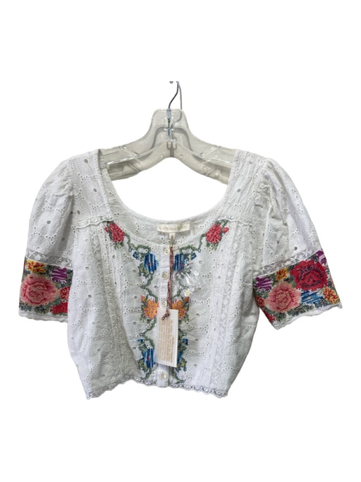 Loveshackfancy Size 8 White & Multi Cotton Embroidered Eyelet Cropped Top White & Multi / 8
