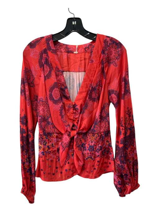 Free People Size S Red & Blue Polyester Button Front Tie Waist Long Sleeve Top Red & Blue / S