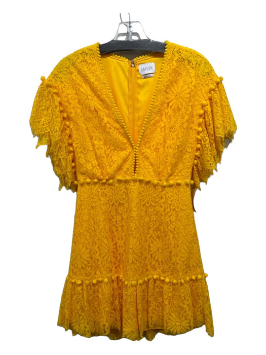 Saylor Size S Saffron Yellow Lace Overlay V Neck Ruffle Cap Sleeve Pom Pom Dress Saffron Yellow / S