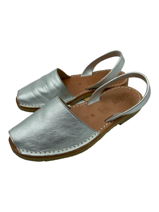 CalaXini Shoe Size 36 Silver Leather Peep Toe Slingback Flat Sandals Silver / 36