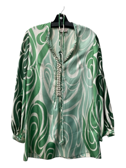 ITW Size 6 Green & White Silk Abstract Swirl Print Standing Collar Pom Pom Dress Green & White / 6
