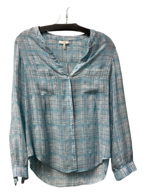 Joie Size Small Blue & Gray Silk Long Sleeve Split round neck Abstract Plaid Top Blue & Gray / Small