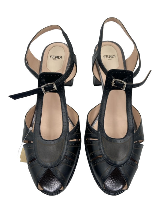 Fendi Shoe Size 39 Black Leather Peep Toe Block Heel Metallic Heel Sandals Black / 39