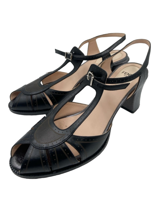 Fendi Shoe Size 39 Black Leather Peep Toe Block Heel Metallic Heel Sandals Black / 39