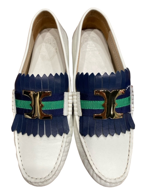 Tory Burch Shoe Size 6.5 White, Navy & Green Leather gold logo Stripe Flat Shoes White, Navy & Green / 6.5